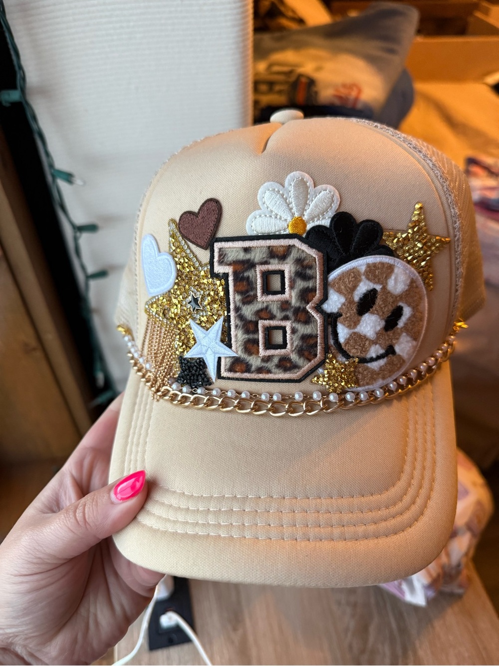 Beige Embellished Trucker Hat with Leopard 'B' Patch